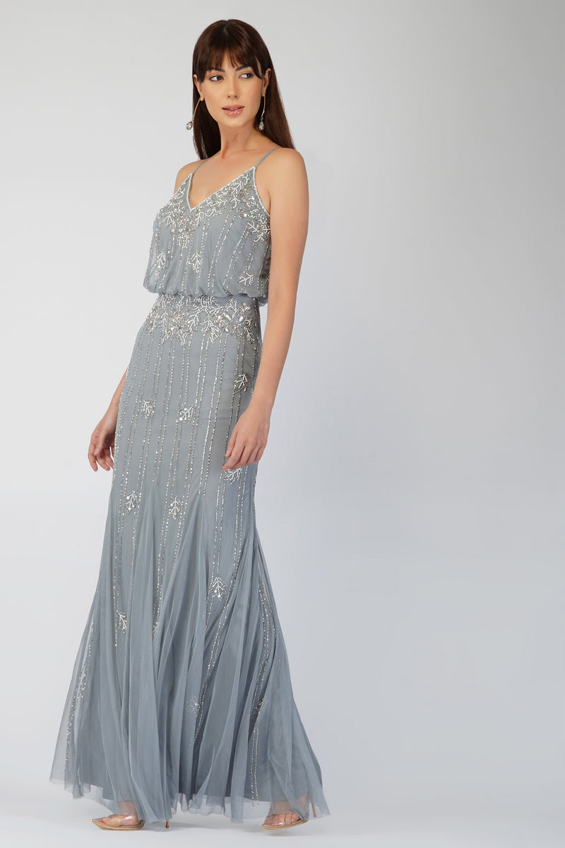 A-Line Princess Dusty Blue Beaded Long Formal Dress – FancyVestido